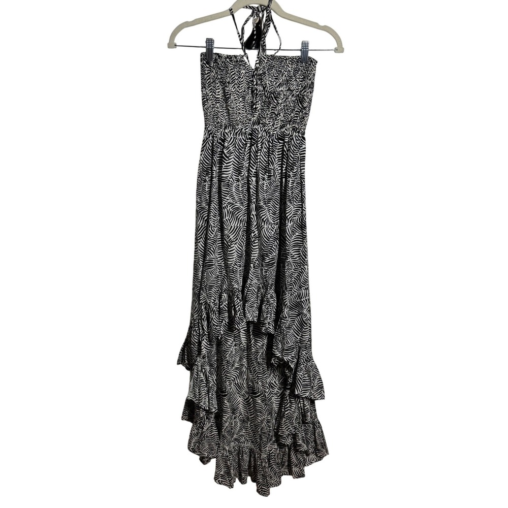 Tiare Hawaii Black White Zebra Print High Low Smocked Halter Maxi Vacay Tropical